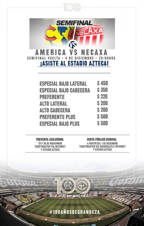 Precio de boletos America vs Necaxa estadio azteca semifinal apertura 2016